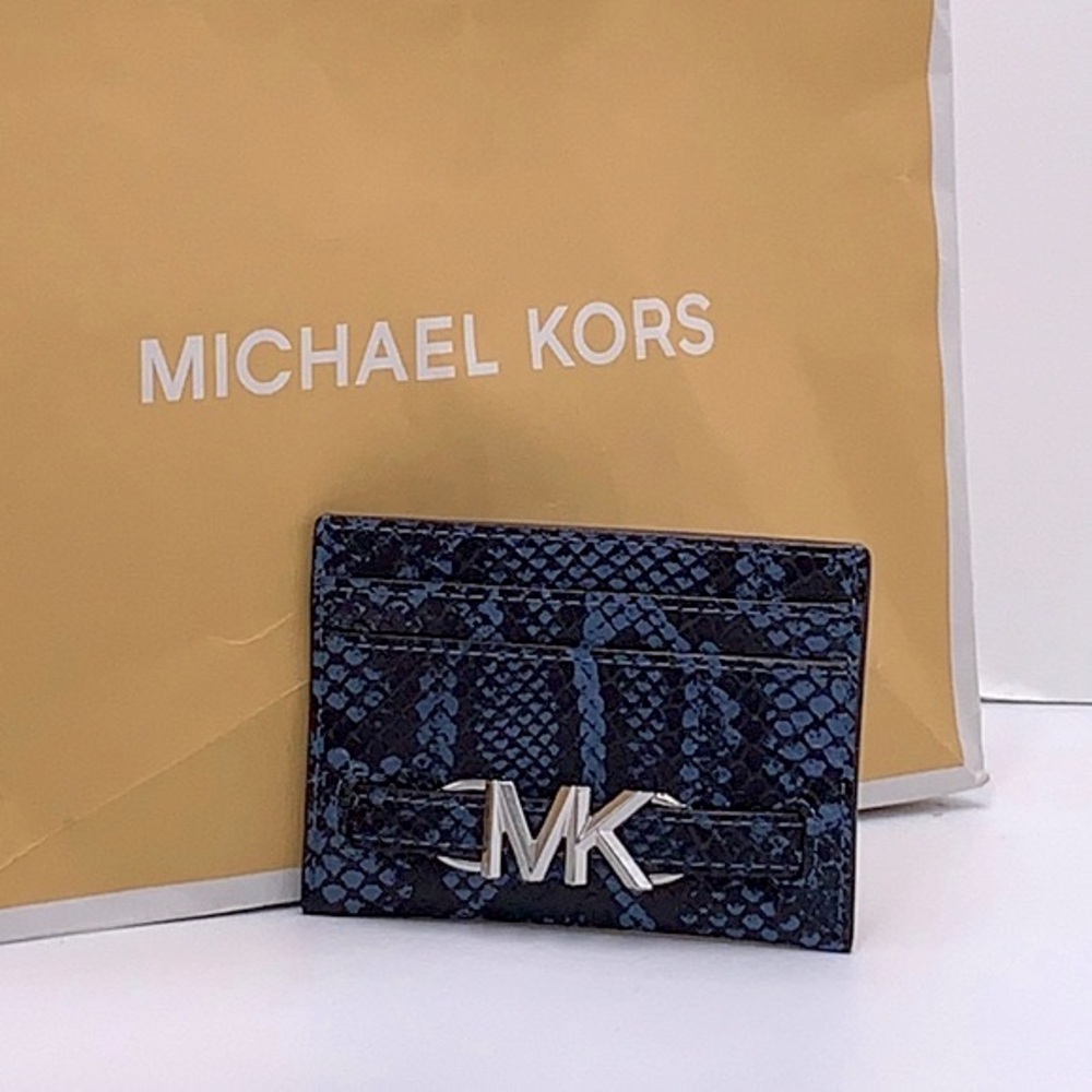 MICHAEL KORS Reed Large Snakeskin Python Patter Card Holder Case Denim NWT - Picture 1 of 8